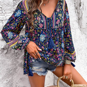 Printed Tie Neck Long Sleeve Blouse Trendsi