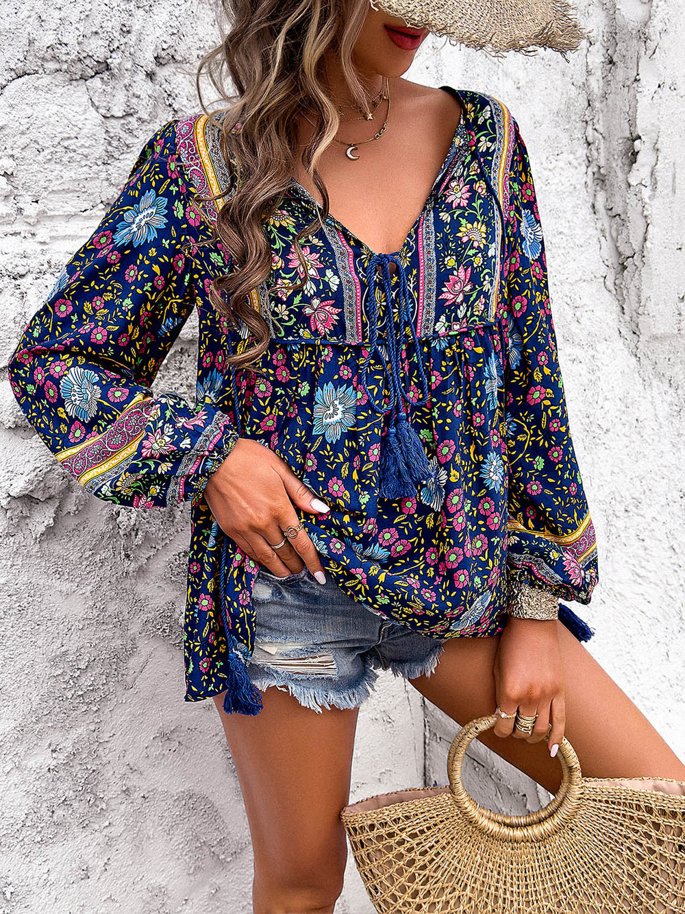 Printed Tie Neck Long Sleeve Blouse Trendsi