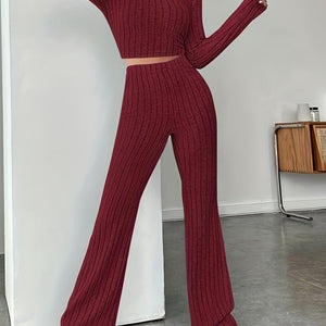 Ribbed Mock Neck Long Sleeve Top and Pants Set Trendsi