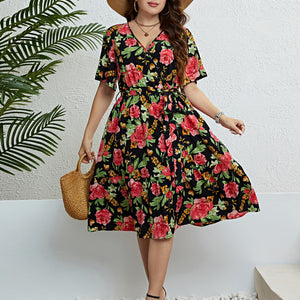 Plus Size Floral Tie Belt Surplice Dress Trendsi