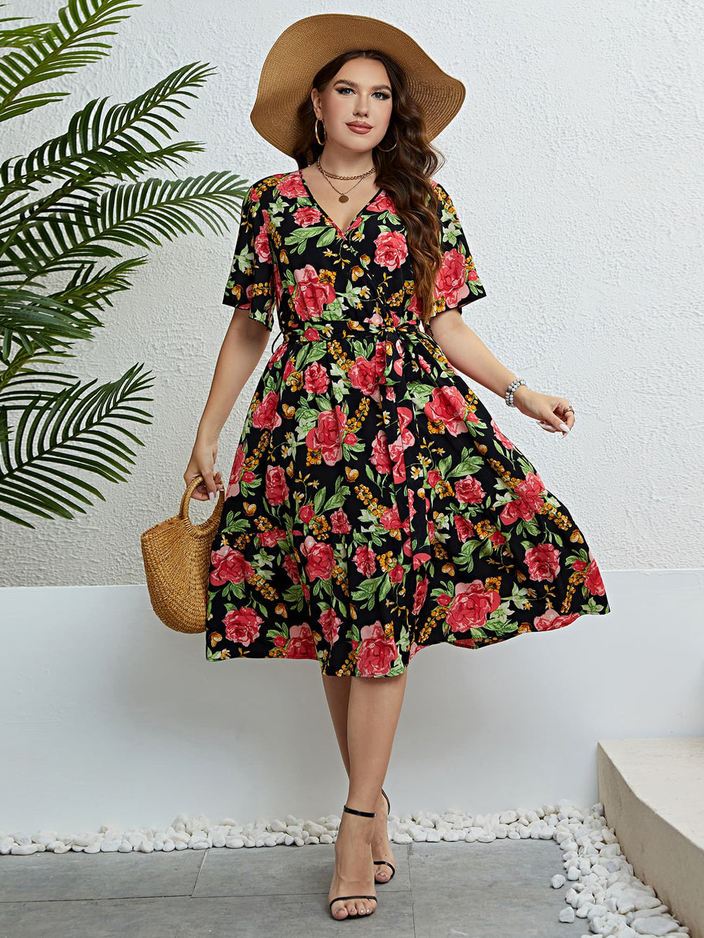 Plus Size Floral Tie Belt Surplice Dress Trendsi