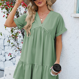 Ruched Tiered V-Neck Short Sleeve Mini Dress Trendsi