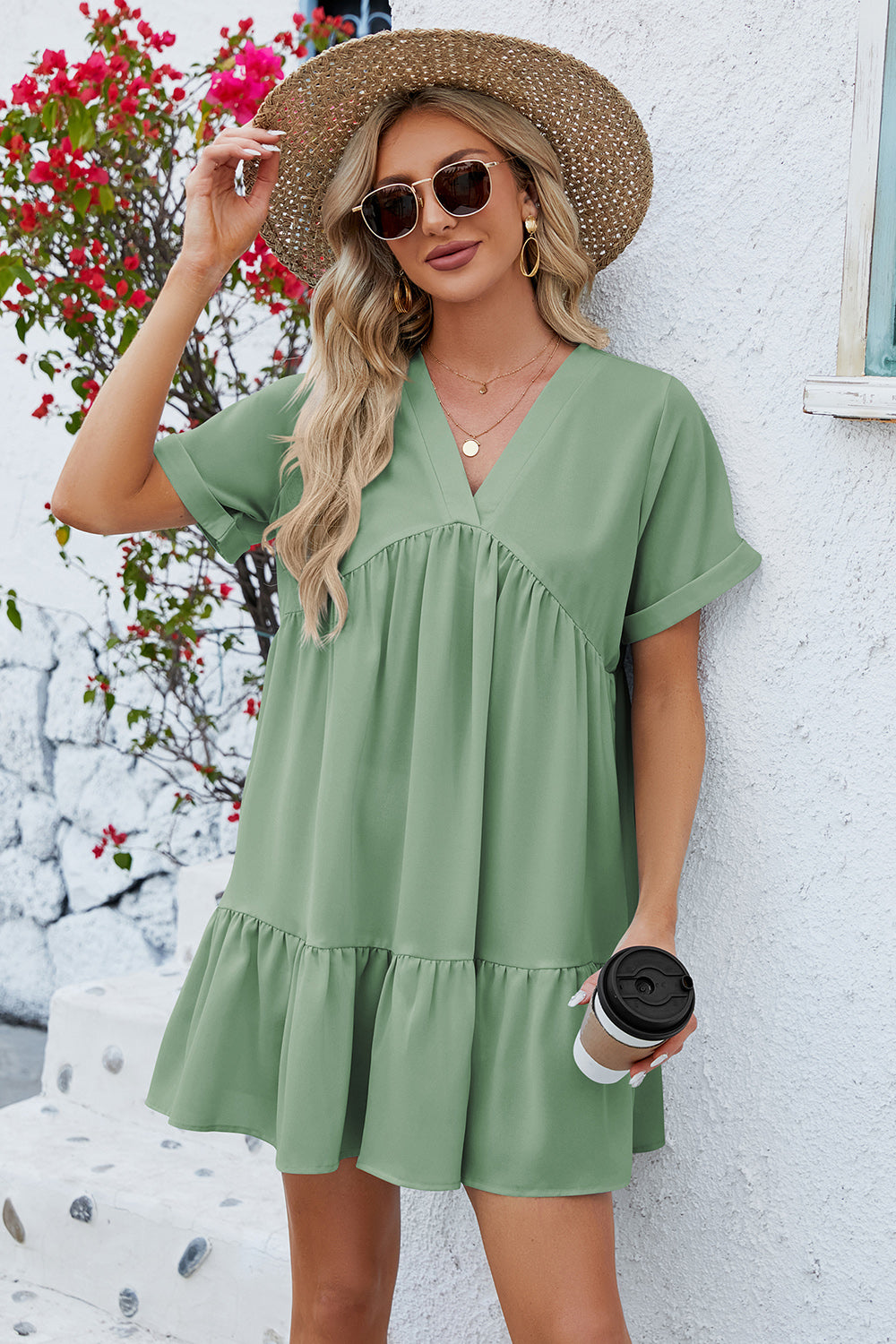 Ruched Tiered V-Neck Short Sleeve Mini Dress Trendsi