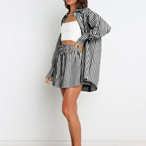 Striped Dropped Shoulder Shirt and Shorts Set Trendsi