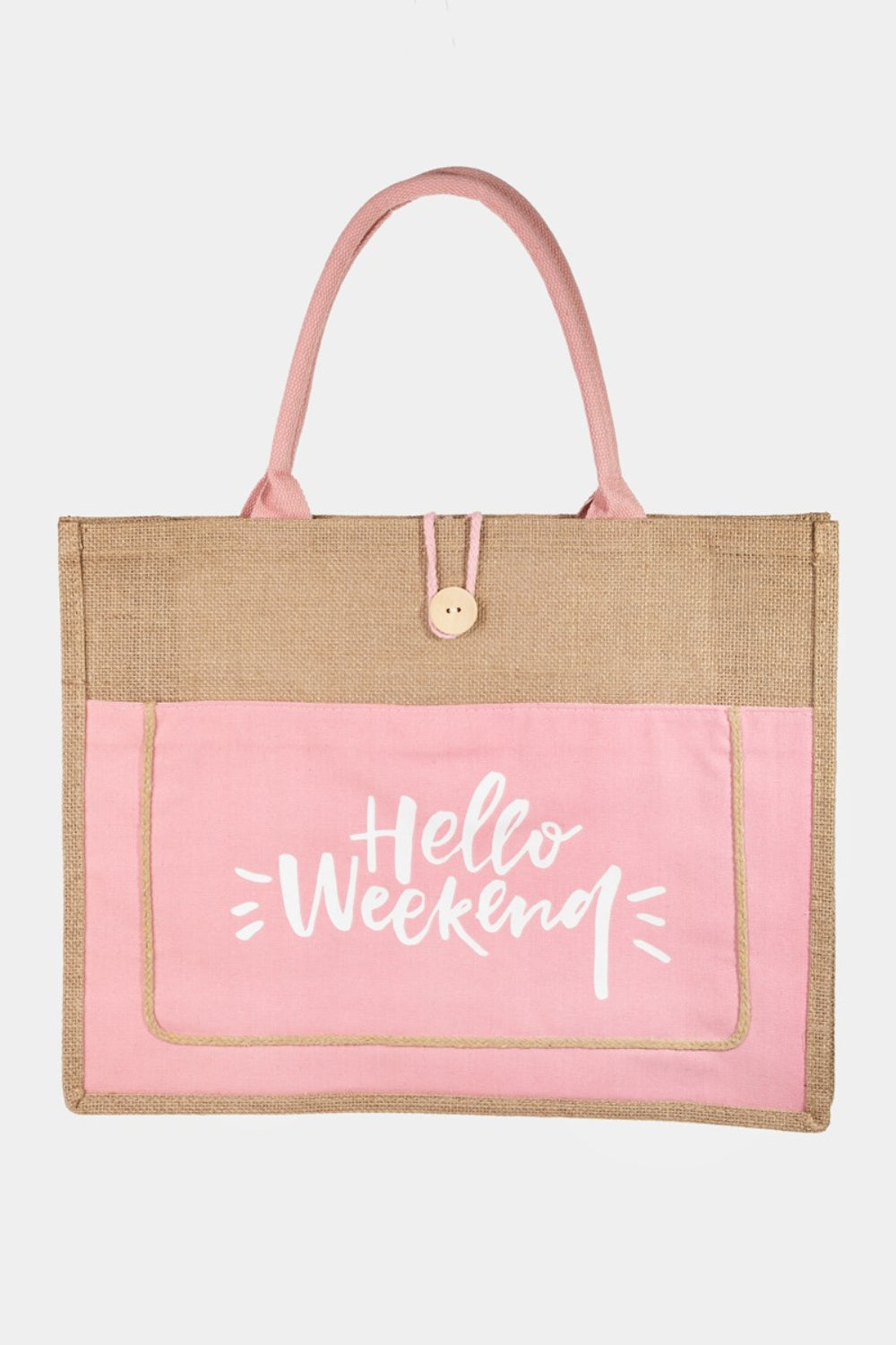 Fame Hello Weekend Burlap Tote Bag Trendsi