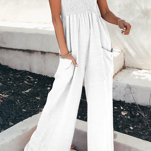 Smocked Spaghetti Strap Wide Leg Jumpsuit Trendsi