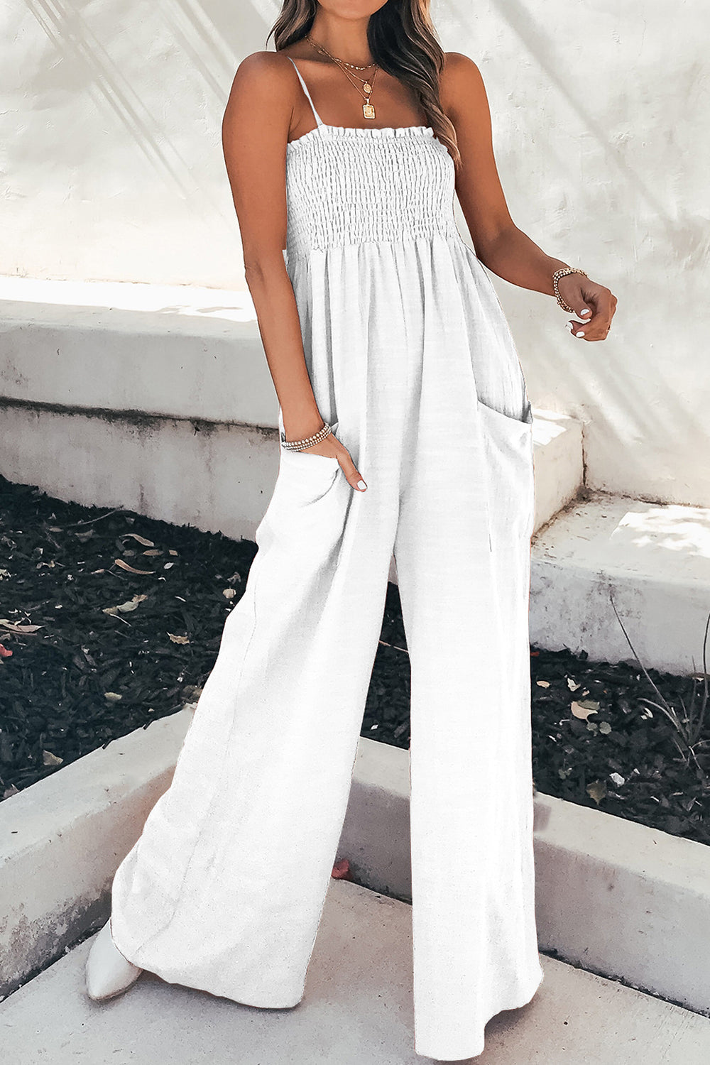 Smocked Spaghetti Strap Wide Leg Jumpsuit Trendsi