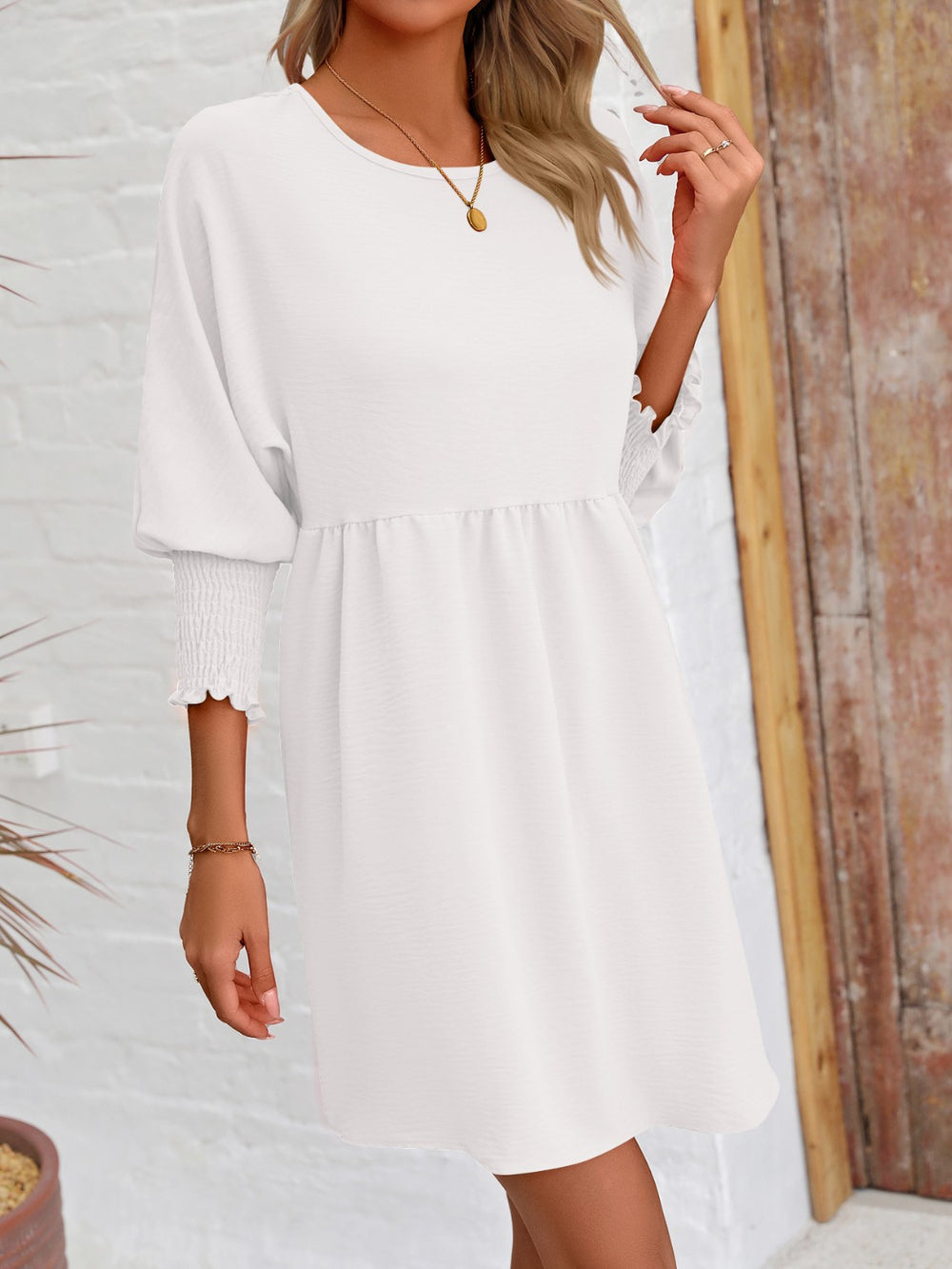 Round Neck Lantern Sleeve Mini Dress Trendsi