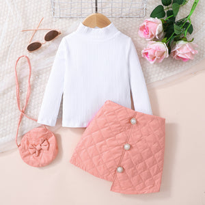 Girls Knit Top and Decorative Button Skirt Set with Bag Trendsi