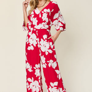 Double Take Full Size Printed Tie Back Wide Leg Jumpsuit Trendsi