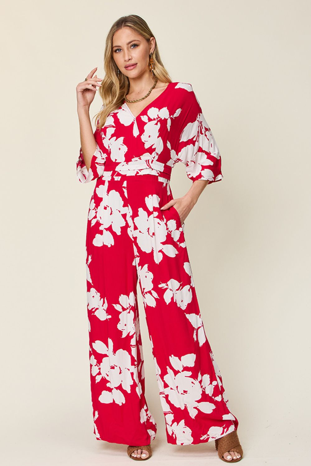 Double Take Full Size Printed Tie Back Wide Leg Jumpsuit Trendsi