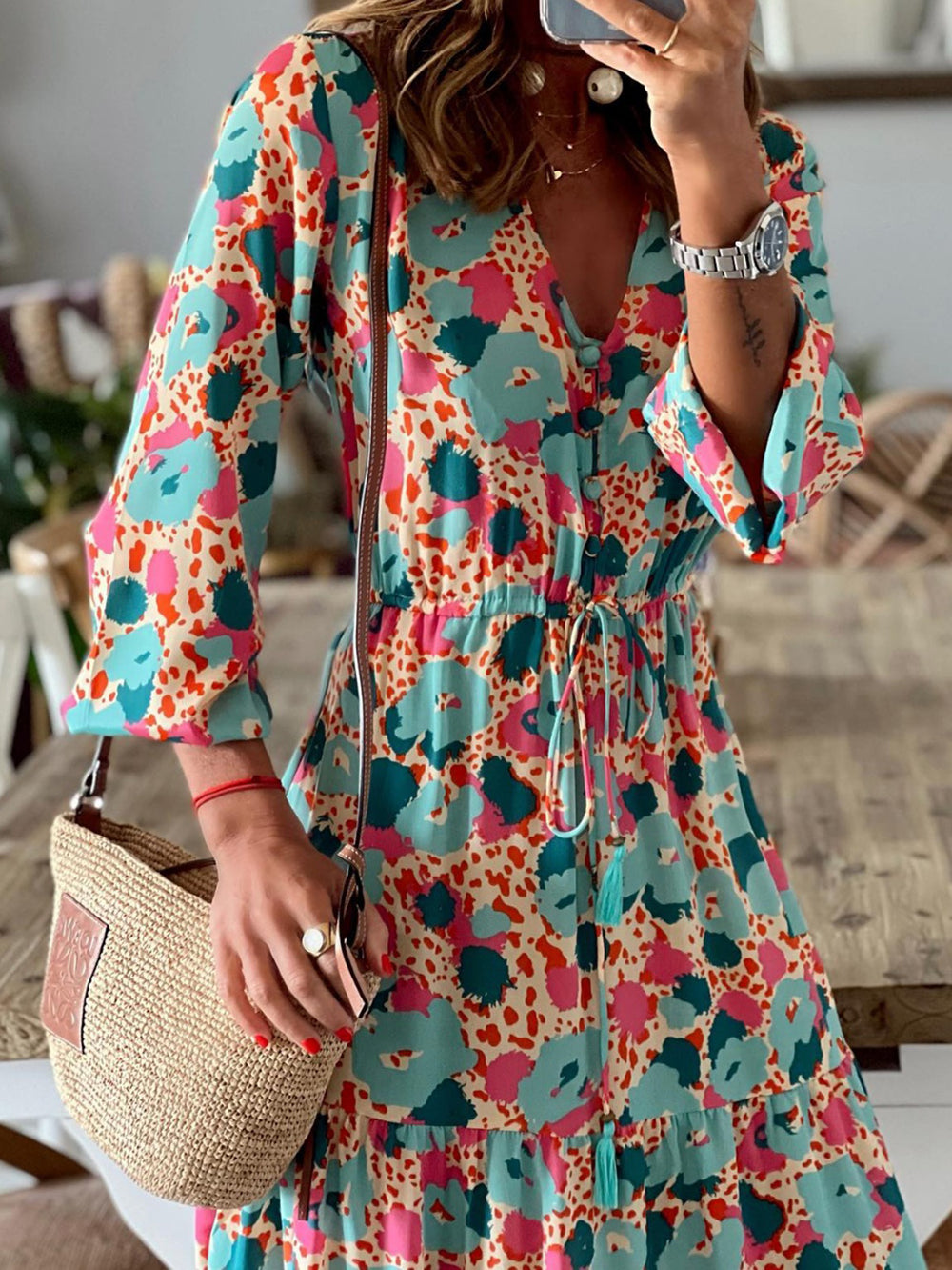 Tassel Printed Three-Quarter Sleeve Dress Trendsi