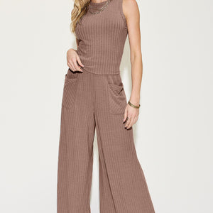 Basic Bae Full Size Ribbed Tank and Wide Leg Pants Set Trendsi