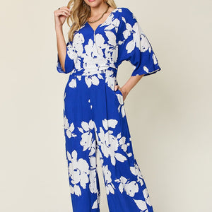 Double Take Full Size Printed Tie Back Wide Leg Jumpsuit Trendsi