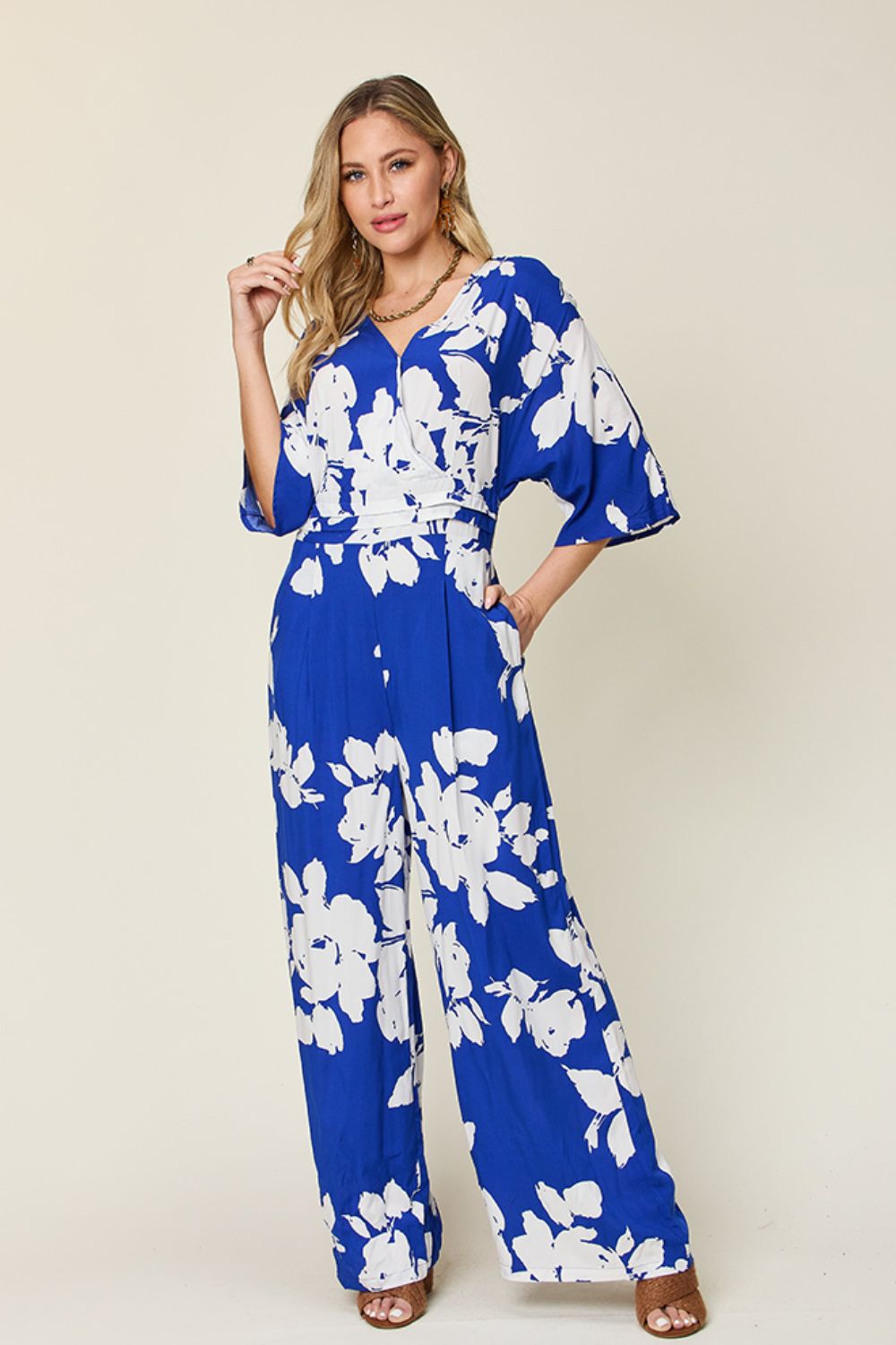 Double Take Full Size Printed Tie Back Wide Leg Jumpsuit Trendsi