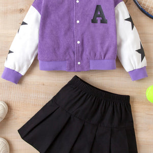 Girls Contrast Bomber Jacket, Tank, and Pleated Skirt Set Trendsi