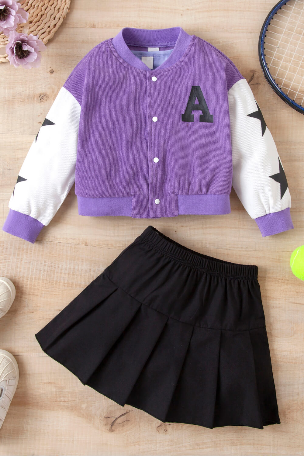 Girls Contrast Bomber Jacket, Tank, and Pleated Skirt Set Trendsi