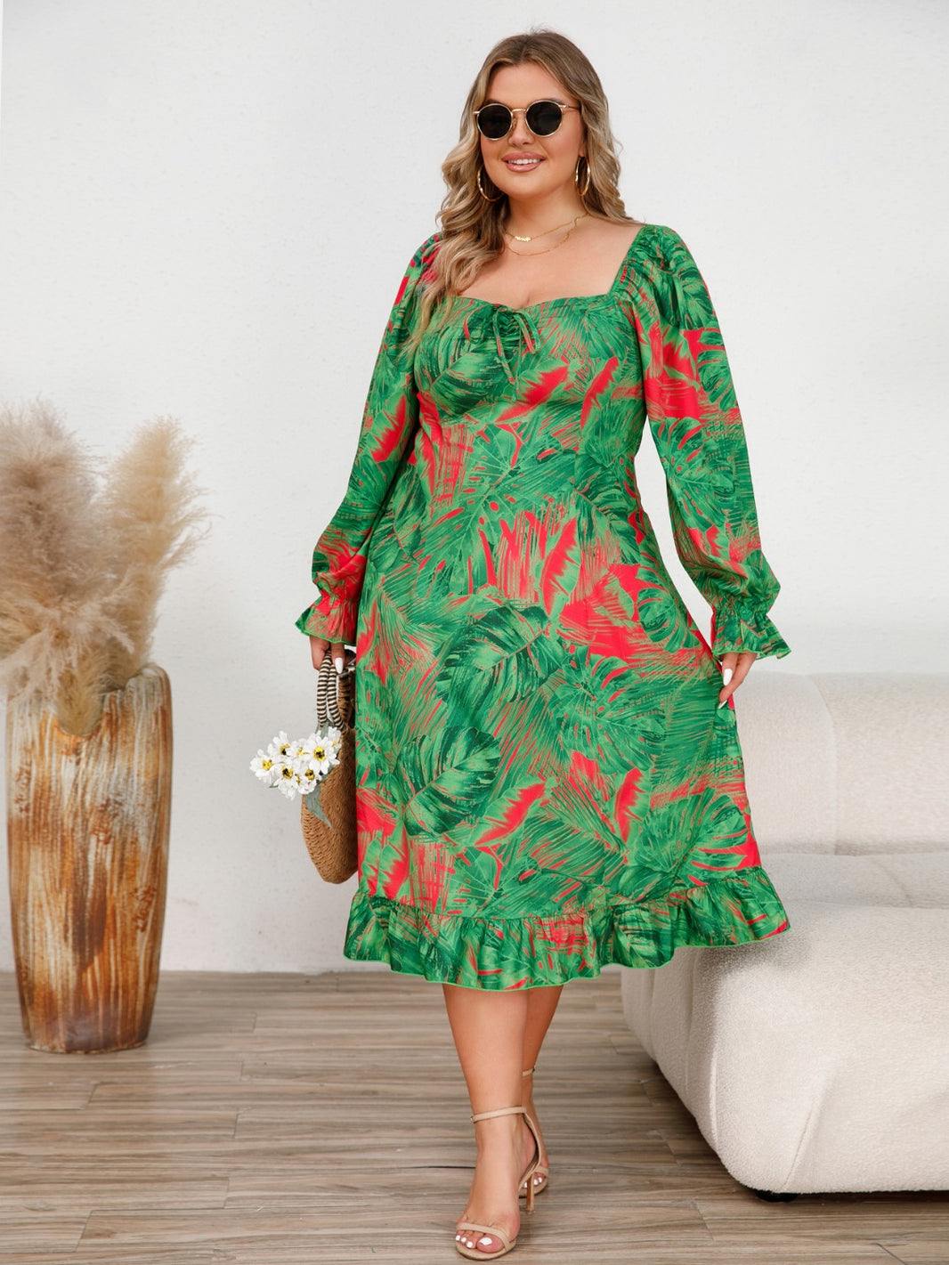 Plus Size Ruffled Square Neck Flounce Sleeve Dress Trendsi