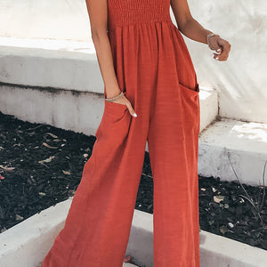 Smocked Spaghetti Strap Wide Leg Jumpsuit Trendsi