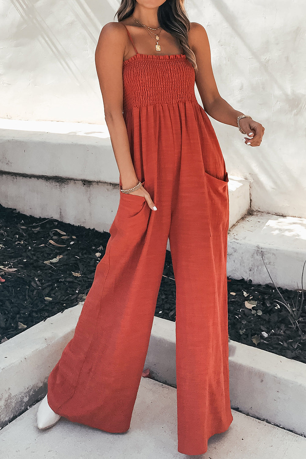 Smocked Spaghetti Strap Wide Leg Jumpsuit Trendsi