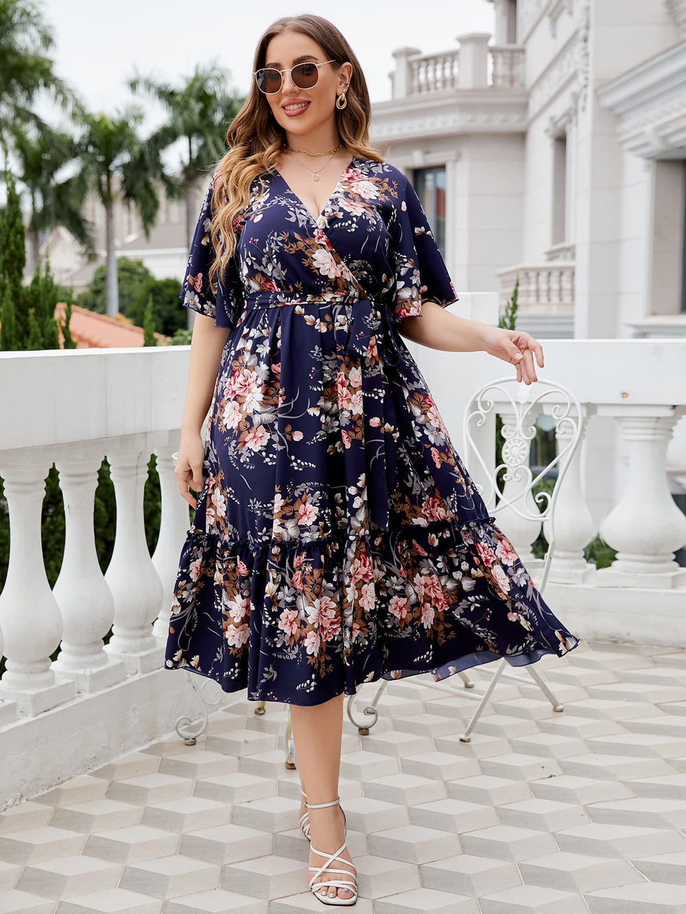 Plus Size Floral Surplice Neck Midi Dress Trendsi