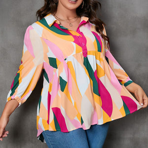 Plus Size Printed Collared Neck Half Button Top Trendsi