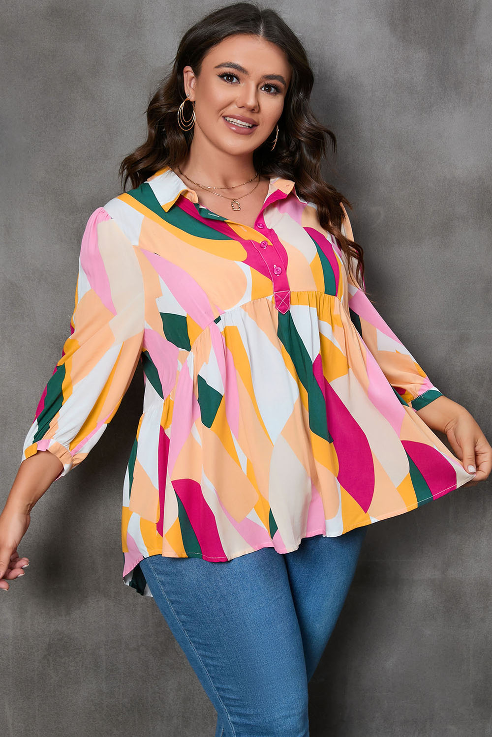 Plus Size Printed Collared Neck Half Button Top Trendsi