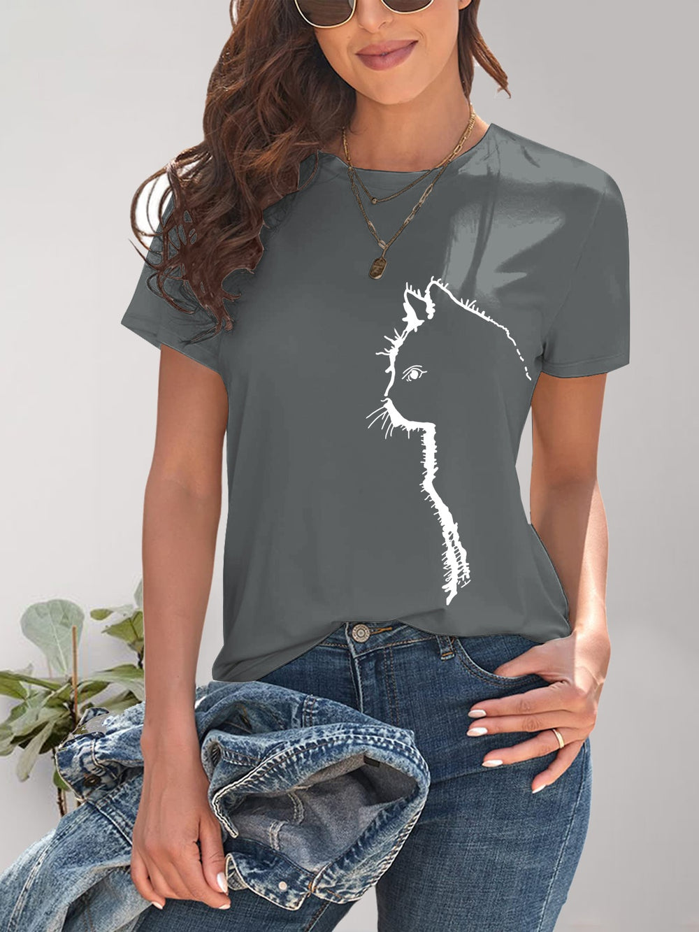 Cat Round Neck Short Sleeve T-Shirt Trendsi