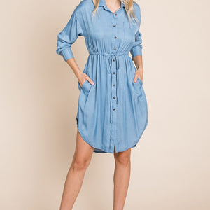 Faith Apparel Button Up Drawstring Shirt Dress Trendsi