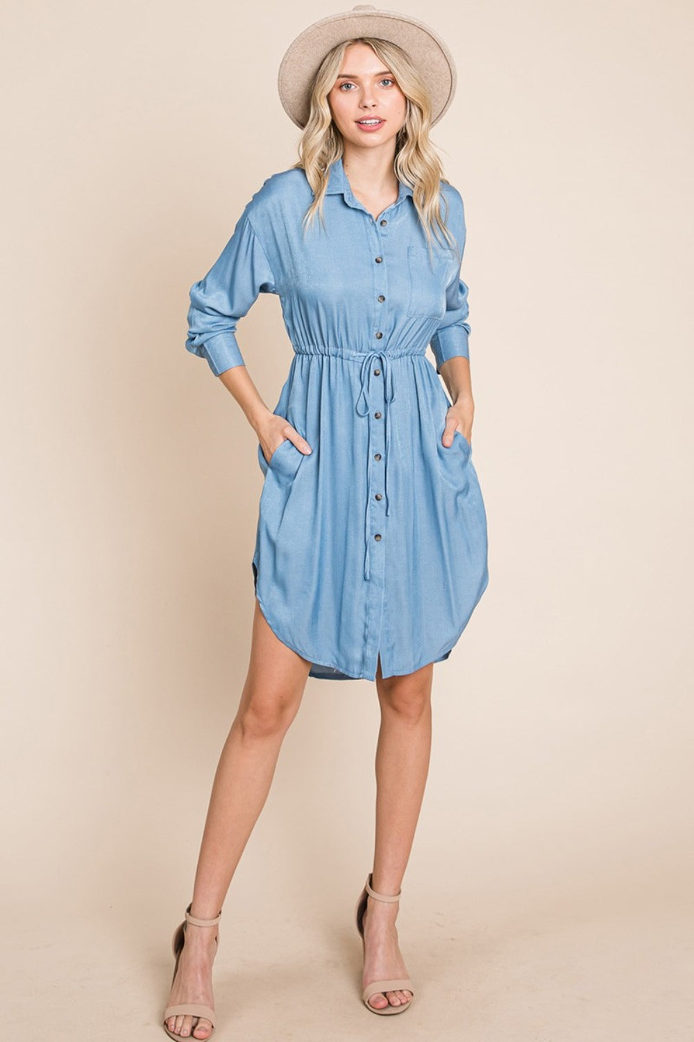 Faith Apparel Button Up Drawstring Shirt Dress Trendsi