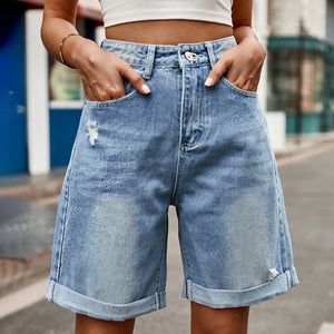 Distressed Buttoned Denim Shorts with Pockets Trendsi