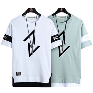 Summer New Fake Two-piece Printed Short-sleeved T-shirt Men Crew Neck Casual My Store