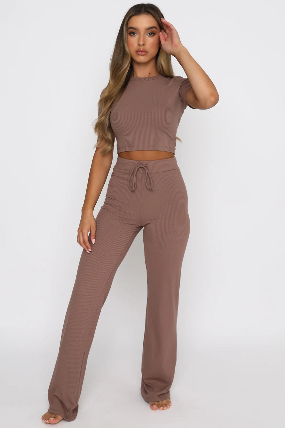 Round Neck Short Sleeve Top and Pants Set Trendsi