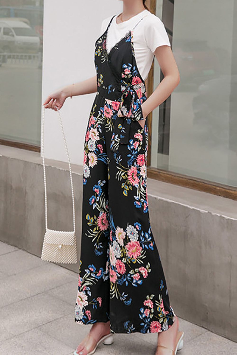 Floral Spaghetti Strap Wide Leg Jumpsuit with Pockets Trendsi