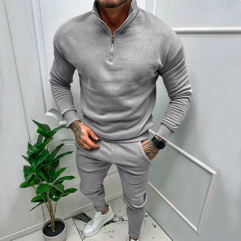 Men's Casual Fleece-lined Solid Color Top And Trousers Suit My Store