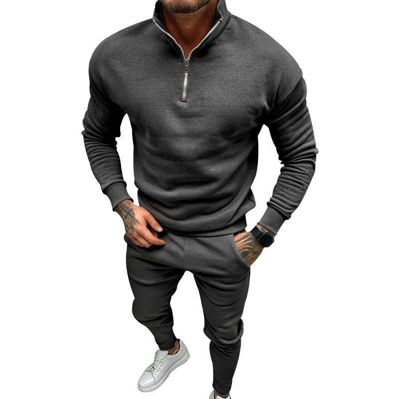 Men's Casual Fleece-lined Solid Color Top And Trousers Suit My Store