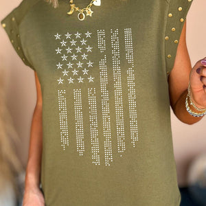 Rhinestone US Flag Round Neck Cap Sleeve T-Shirt Trendsi