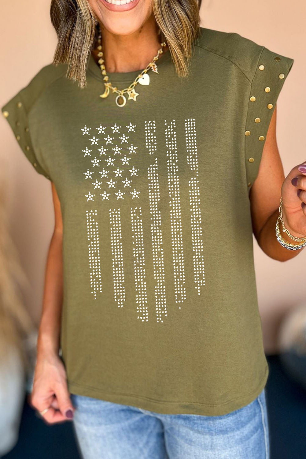 Rhinestone US Flag Round Neck Cap Sleeve T-Shirt Trendsi