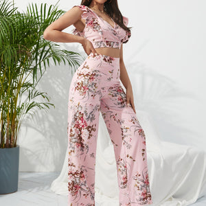 Printed Surplice Cap Sleeve Top and Pants Set Trendsi