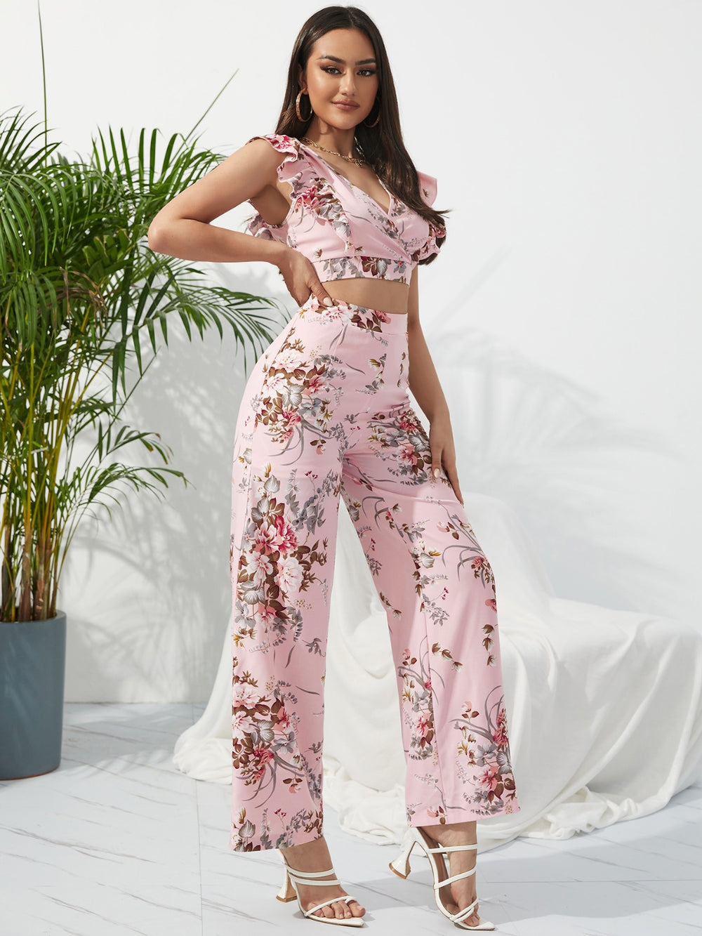 Printed Surplice Cap Sleeve Top and Pants Set Trendsi