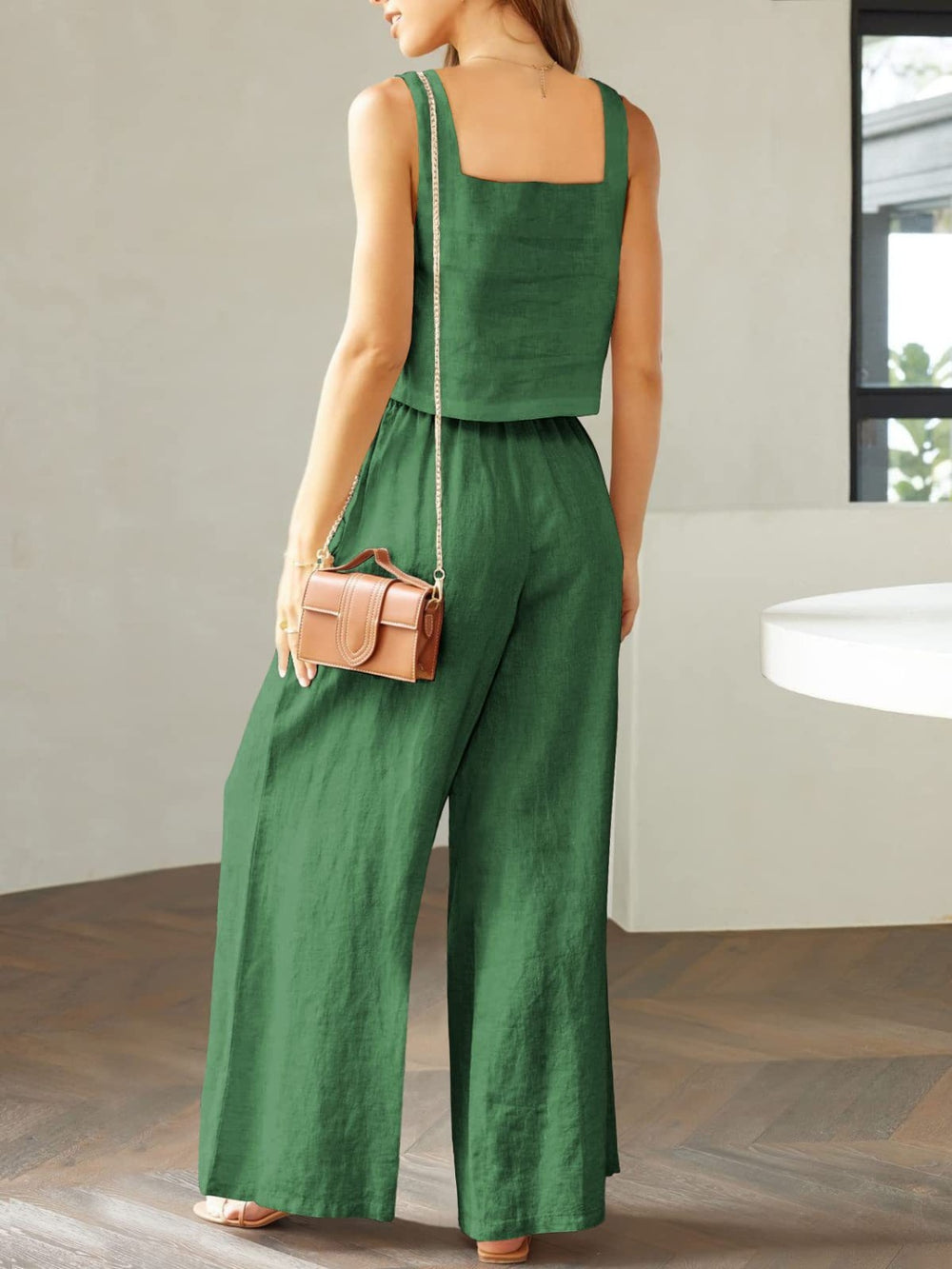 Square Neck Top and Wide Leg Pants Set Trendsi