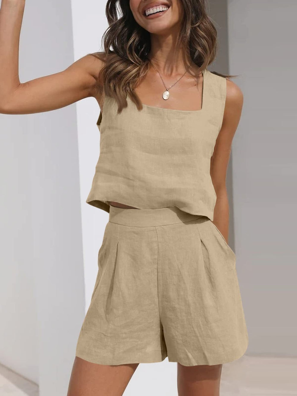 Square Neck Wide Strap Top and  Shorts Set Trendsi