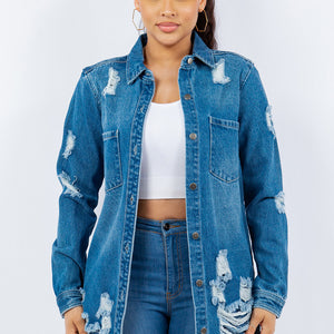 American Bazi Distressed Button Up Long Sleeve Denim Jacket Trendsi