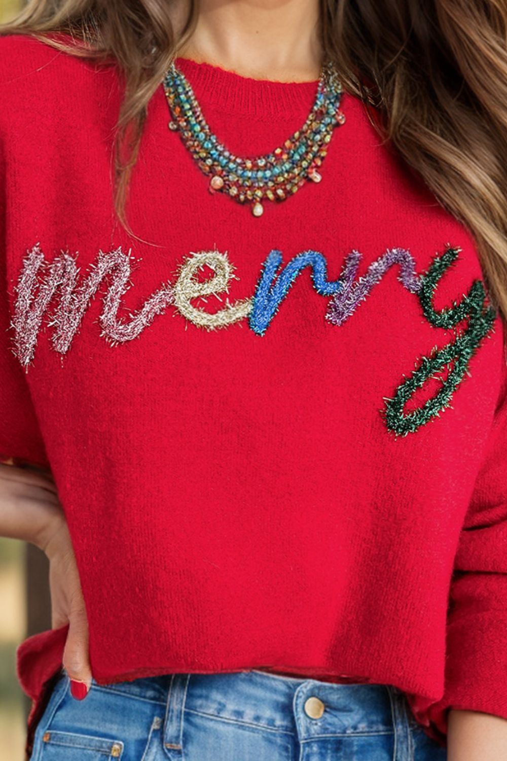 MERRY Round Neck Long Sleeve Sweater Trendsi