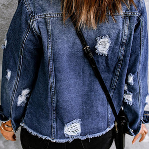 Mixed Print Distressed Button Front Denim Jacket Trendsi