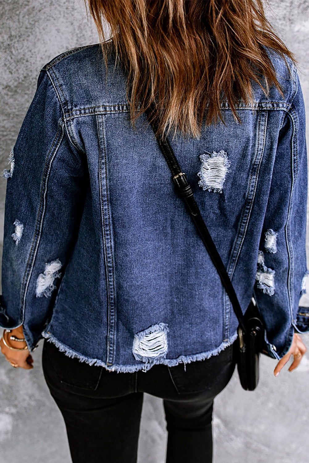 Mixed Print Distressed Button Front Denim Jacket Trendsi