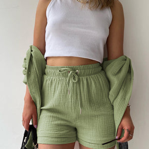 Texture Button Up Shirt and Drawstring Shorts Set Trendsi