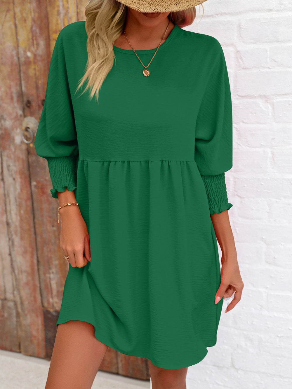 Round Neck Lantern Sleeve Mini Dress Trendsi