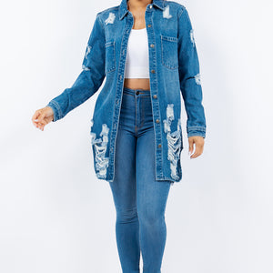 American Bazi Distressed Button Up Long Sleeve Denim Jacket Trendsi