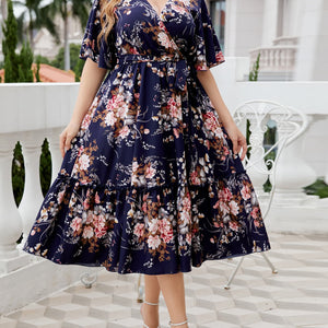 Plus Size Floral Surplice Neck Midi Dress Trendsi